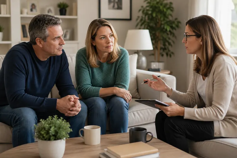 A couple speaking with an interventionist in a calm office