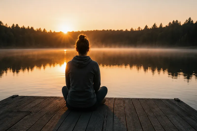 A person sitting at the end of a dock on a still lake at sunrise