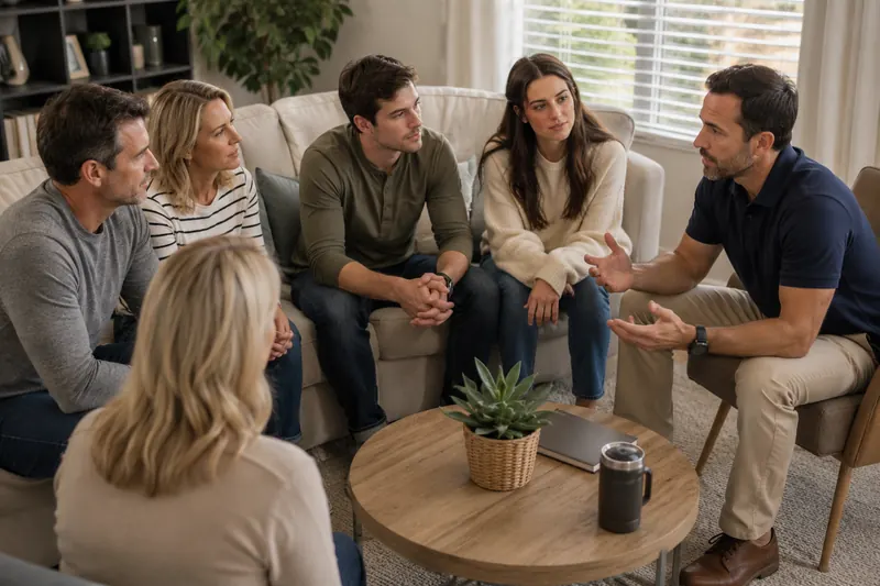 An interventionist speaking with a family gathered in a living room