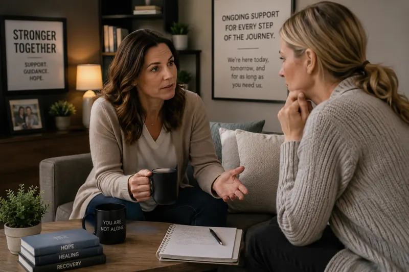 Two family members in a supportive conversation on a sofa