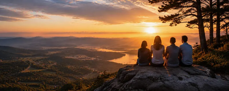 A family sitting together beneath a tree, watching the sun set over the hills