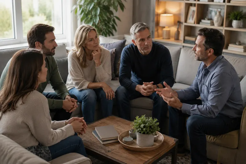 A group seated together in a living room during a family meeting