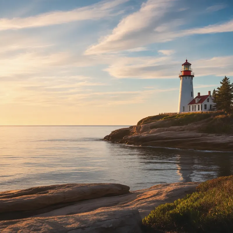 A red-and-white lighthouse on a rocky point above calm water at sunset