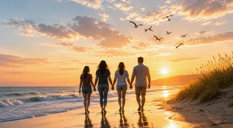 A family walking together along the shoreline at sunset