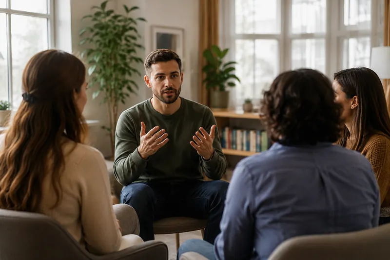 A family and professional seated together in a calm, supportive conversation
