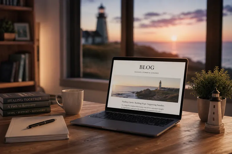 A laptop on a desk by a window overlooking a lighthouse