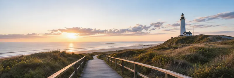 A boardwalk winding across the grass toward a lighthouse