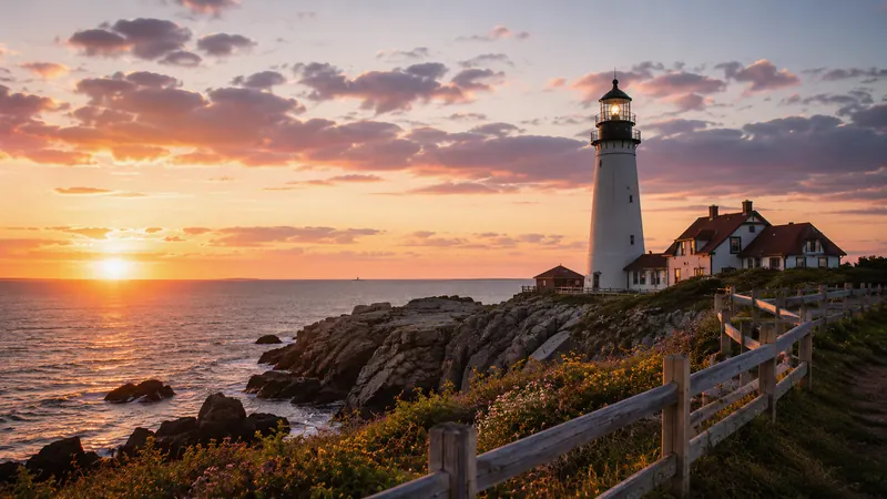 A lighthouse on a rocky point above the sea at sunset