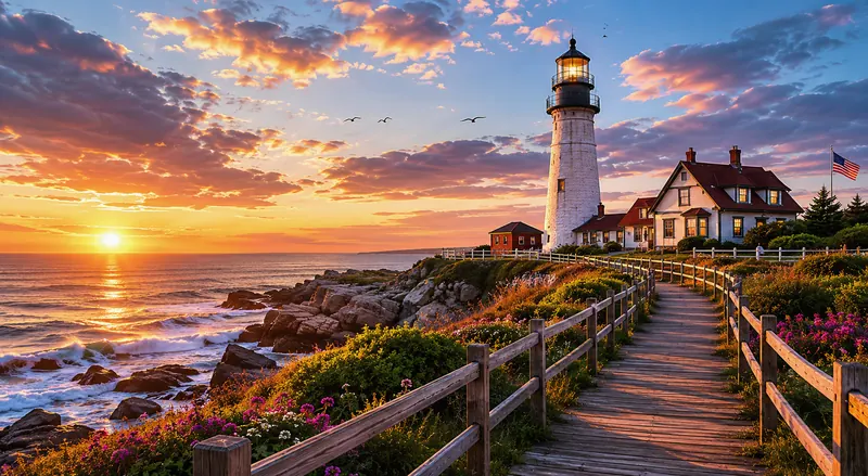 A lighthouse and keeper's cottage with a path lit by the setting sun
