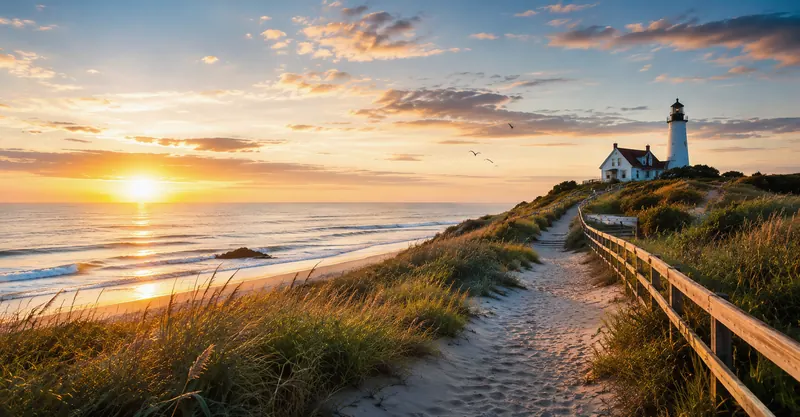 A sandy path through the dunes toward a distant lighthouse at sunrise