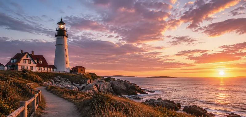 A lighthouse on a rocky coast glowing at sunset
