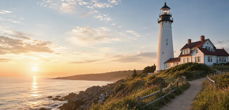A white lighthouse above the shore in soft morning light