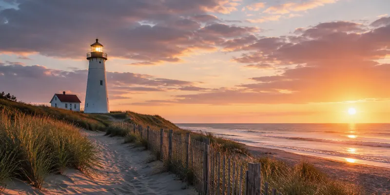 A path through the grass leading to a lighthouse at sunset