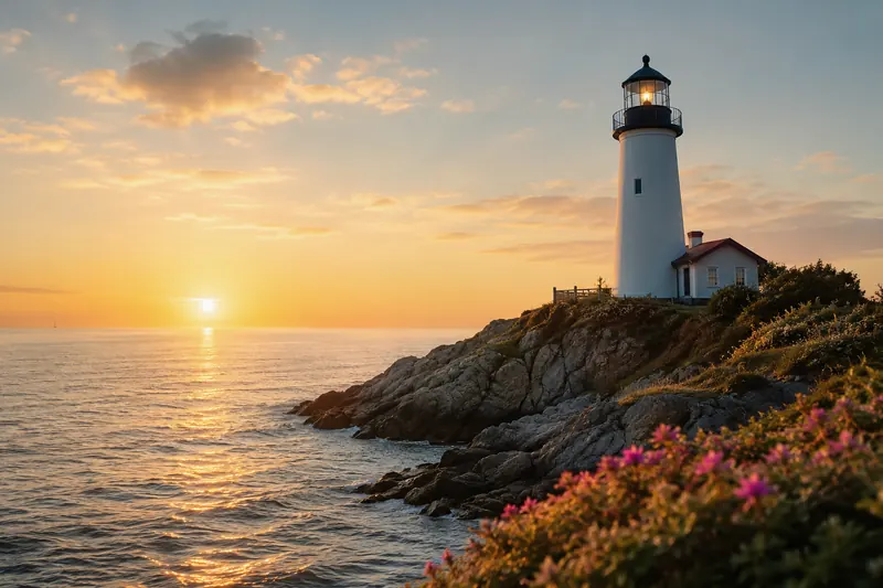 A lighthouse on the rocks as the sun sets over calm water