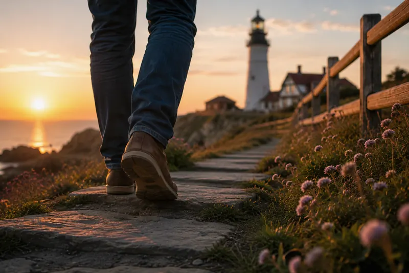 Footsteps on a coastal path leading toward a lighthouse