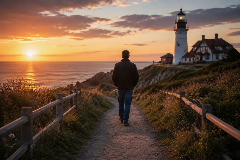 A person walking a fenced path toward a lighthouse at sunset