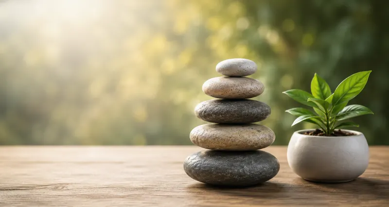 Balanced stacked stones beside a small plant in soft light