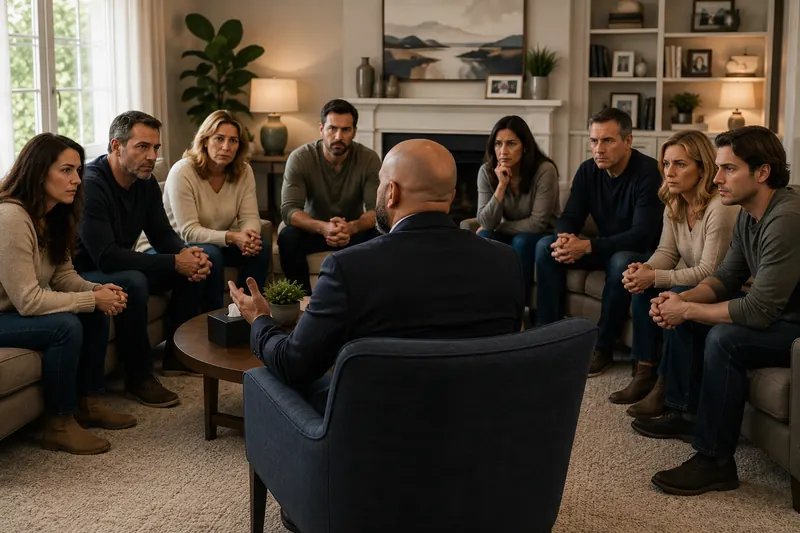 A family seated in a circle during a calm, professionally led intervention