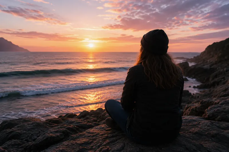 A woman sitting quietly on the rocks, watching the sun set over the sea